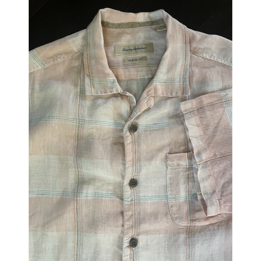 Tommy Bahama Shirt Mens Medium Pink Tan Plaid 100% Linen Original Fit Short Slv